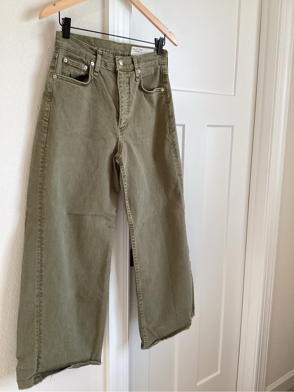 Rag & Bone Wide Leg Ankle Jeans Andi Raw Hem High Rise 27 Olive Army Green Sage - Picture 4 of 12